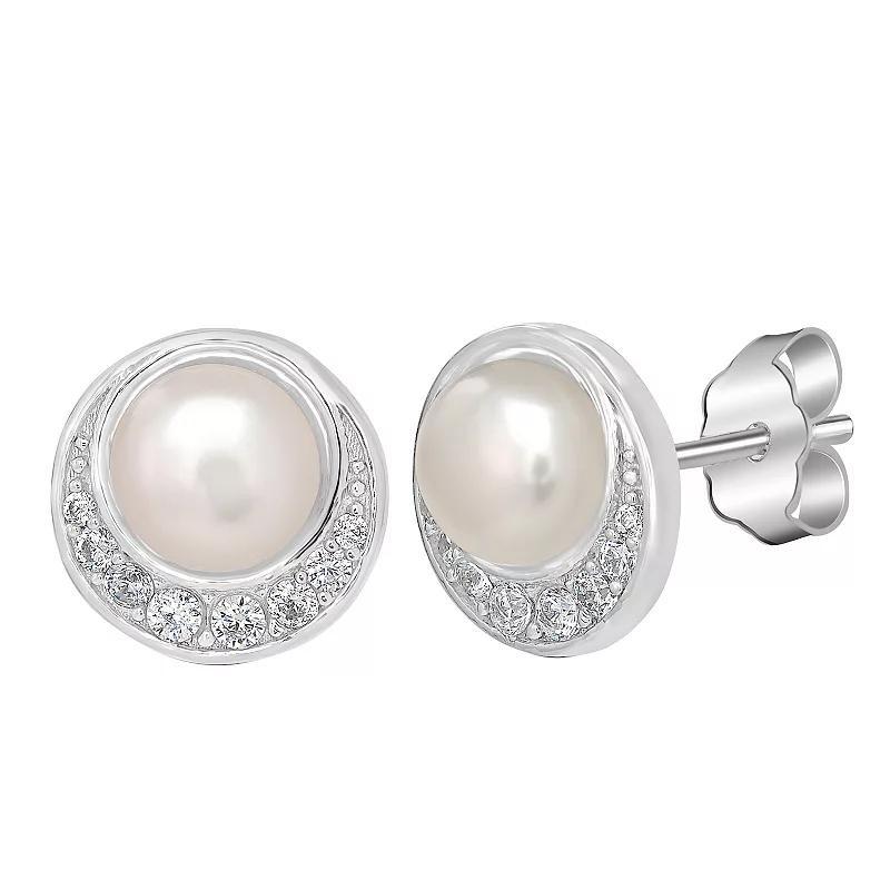 Gemistry Sterling Silver Freshwater Cultured Pearl & Cubic Zirconia Halo Stud Earrings, Womens Product Image