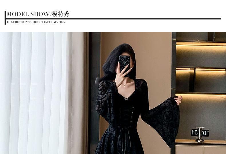 Long-Sleeve Lace-Up Velvet Mini A-Line Dress Product Image