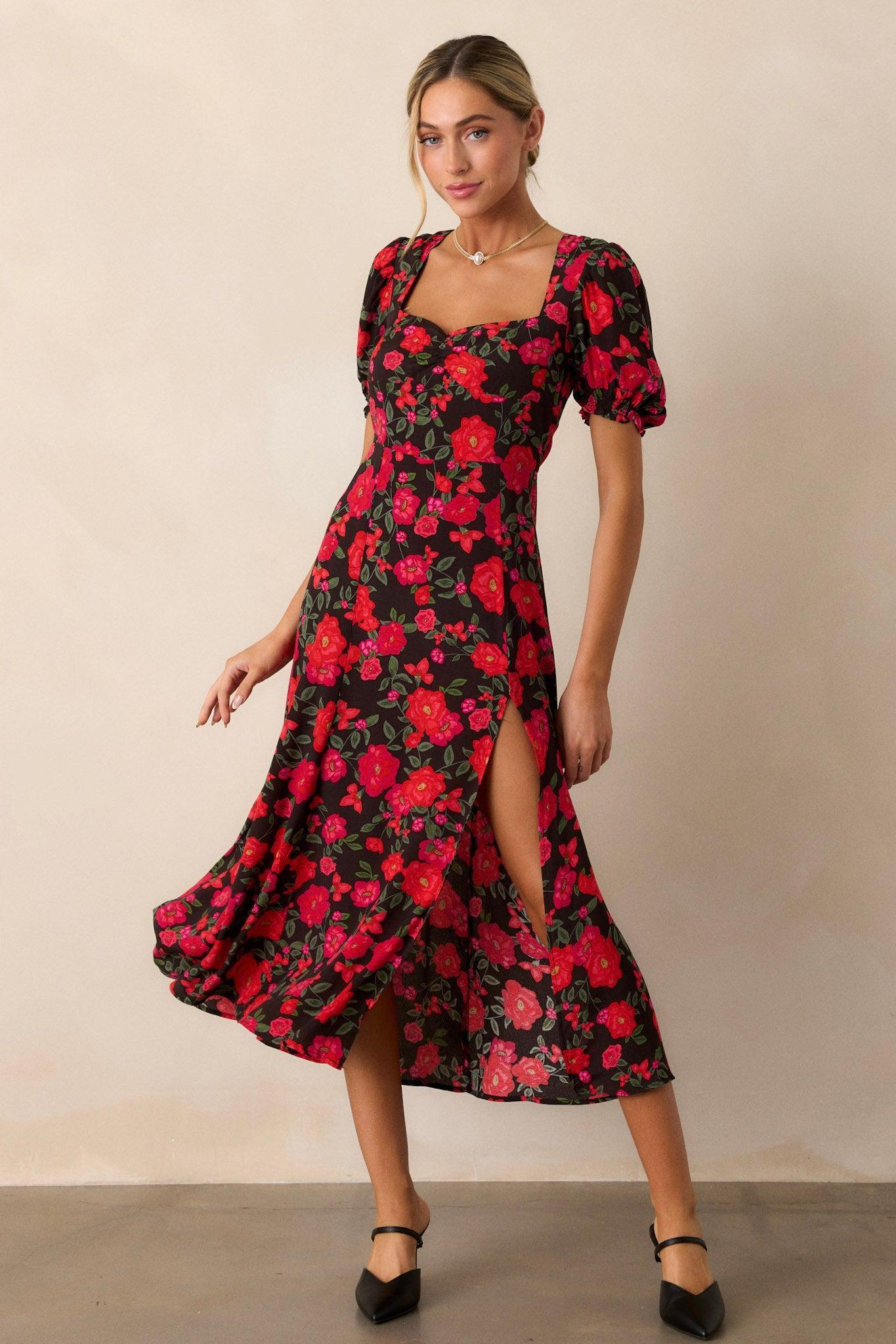 All Eyes On You Red Floral Puff Sleeve Midi Dress Product Image