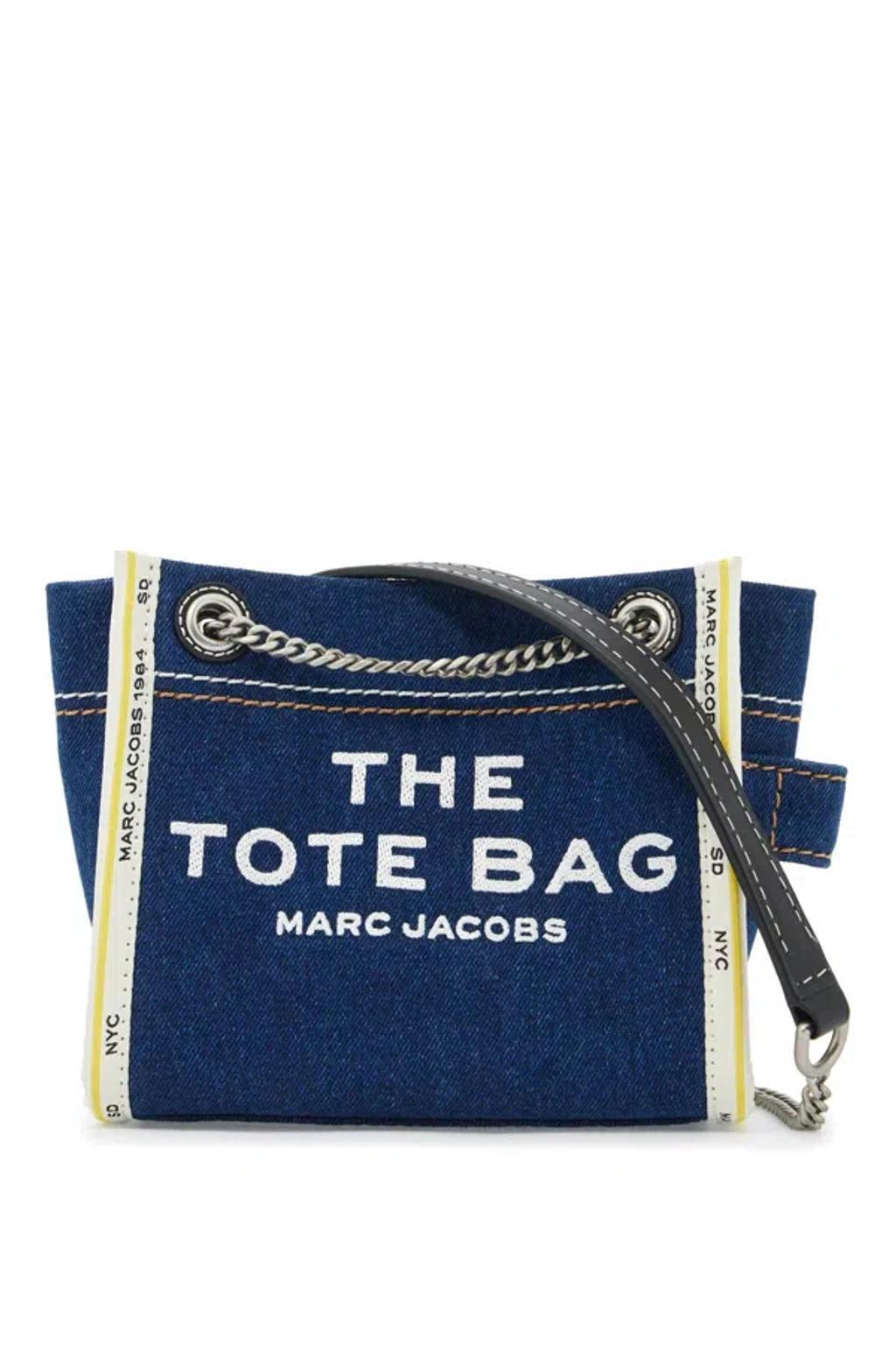 MARC JACOBS The Medium Tote In Blue Denim With Embroidered Logo In Dark Wash Product Image
