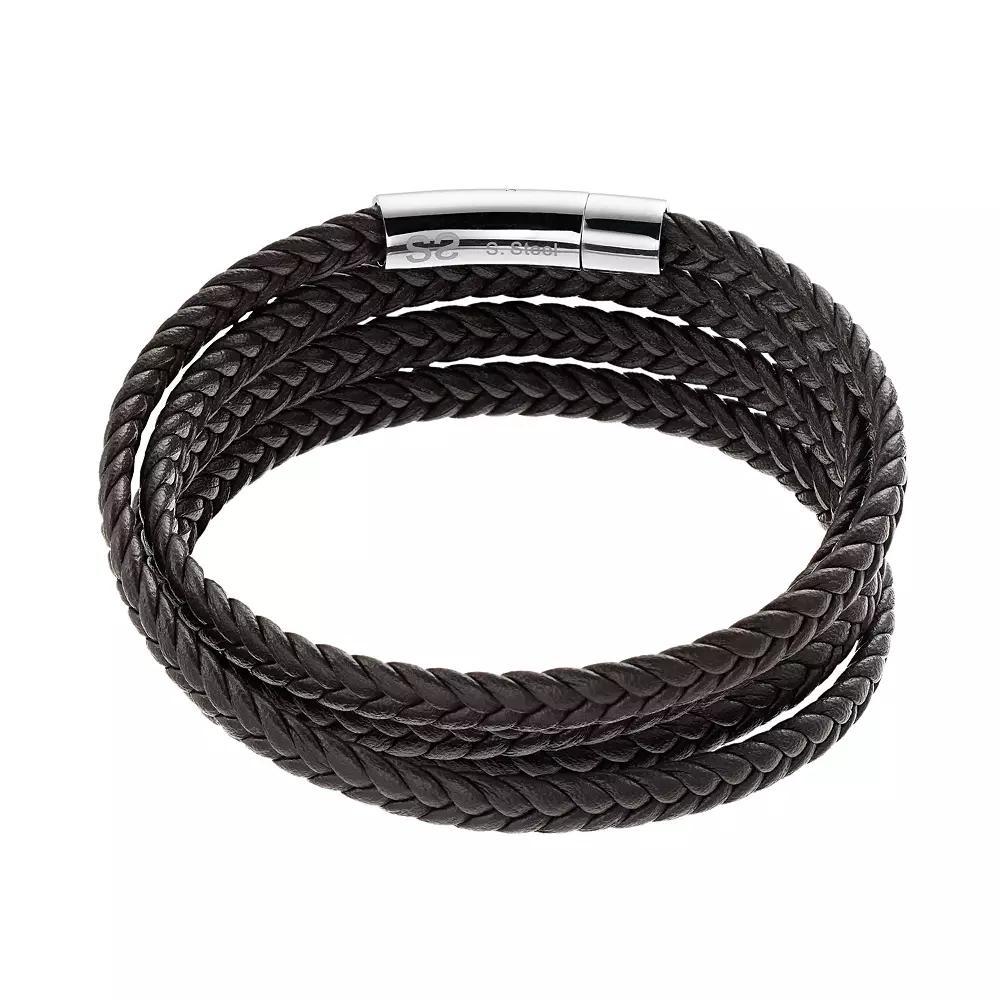 Men's Stainless Steel Brown Leather Braided Bracelet, Size: 7.5" Product Image
