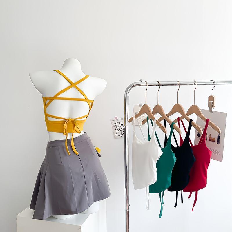 Plain Open Back Strappy Asymmetrical Padded Cropped Camisole Product Image