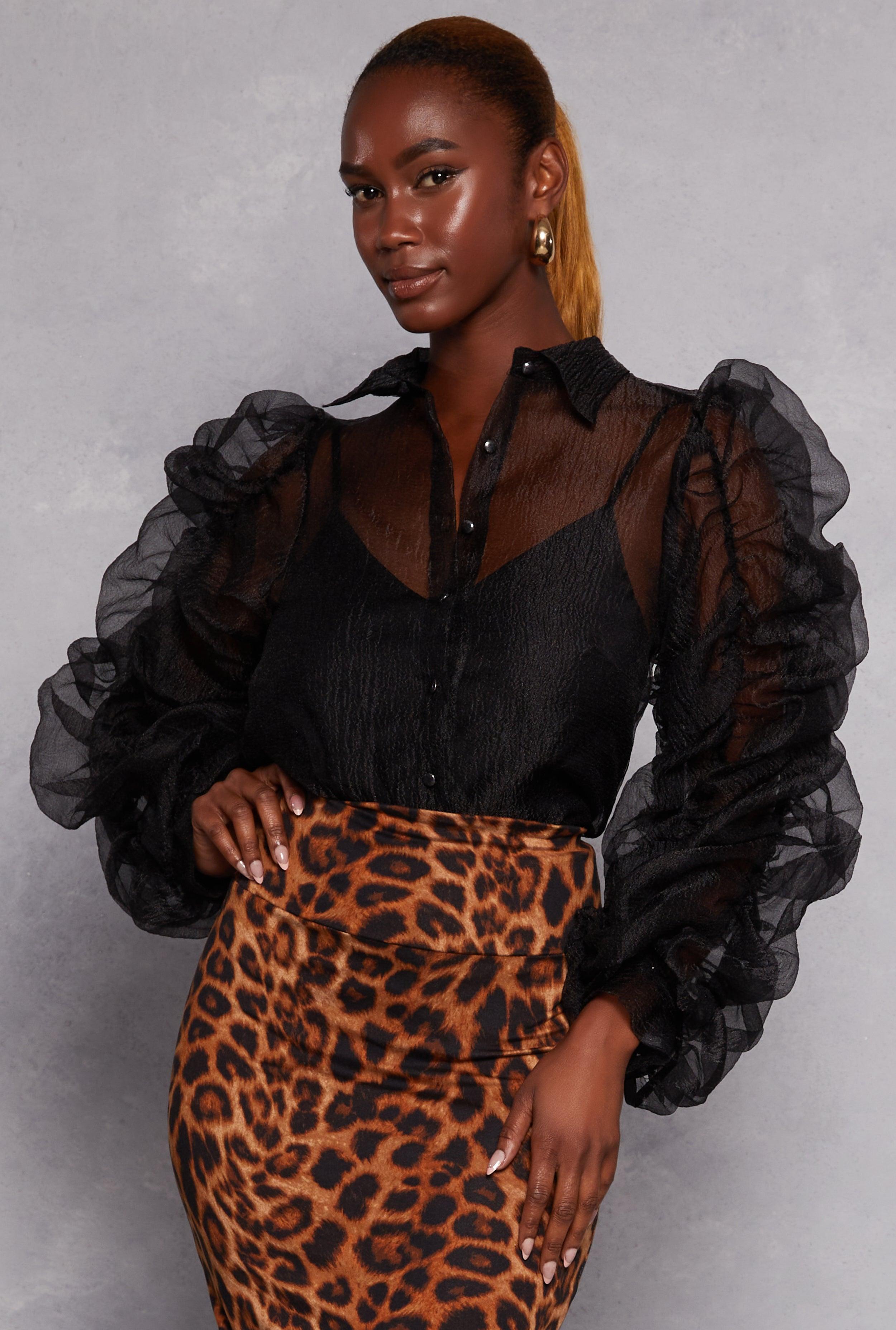 Womens Organza Ruched Puff Sleeve Blouse Product Image
