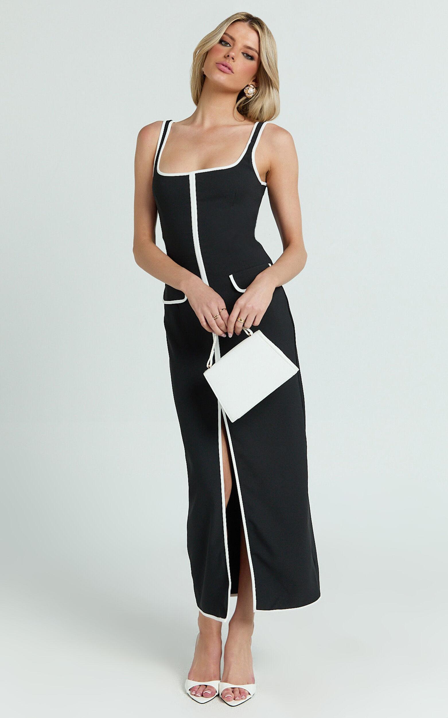 Xyra Midi Dress - Square Neck Contrast Bind Fitted Dress in Black Product Image