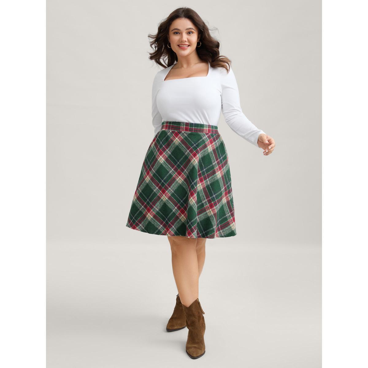 Plus Size Plaid Pattern Elastic Waist A-line Mini Skirt Women DarkGreen Elegant Low stretch Slanted pocket Everyday Skirts BloomChic 18-20/2X Product Image