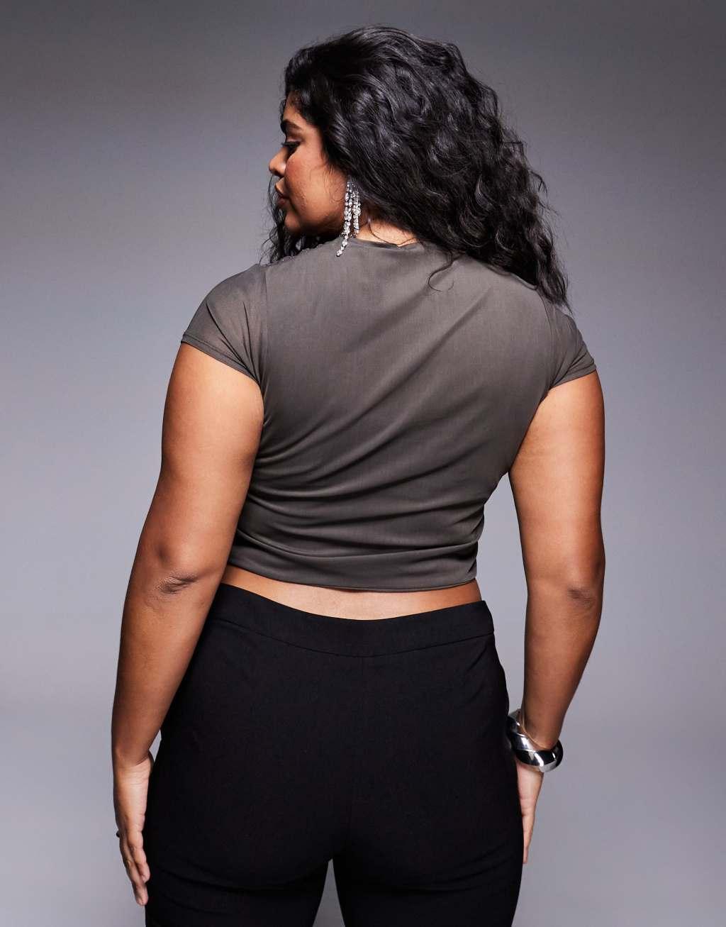 ASOS DESIGN Curve hotfix mesh drape top with cap sleeve in charcoal Product Image