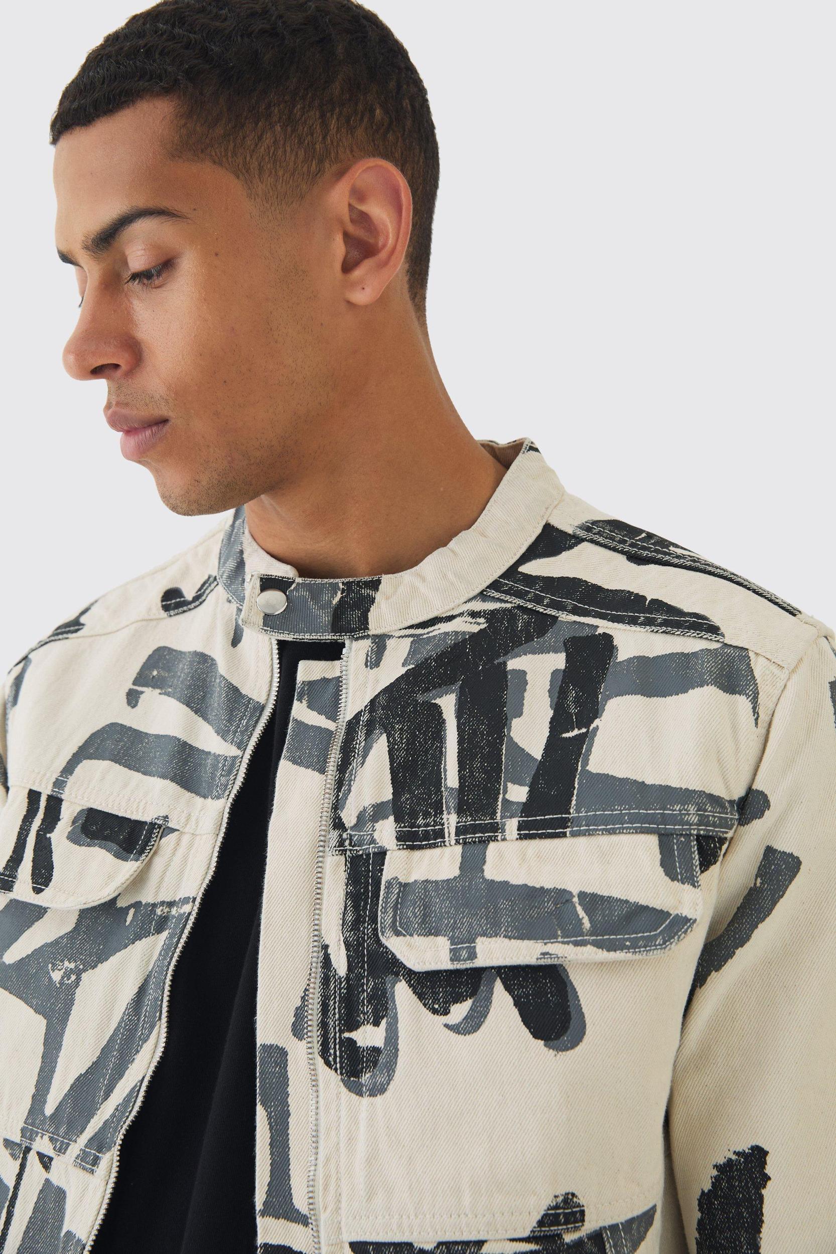 Slim Boxy Denim Graffiti Laser Print Biker Jacket | boohooMAN USA Product Image