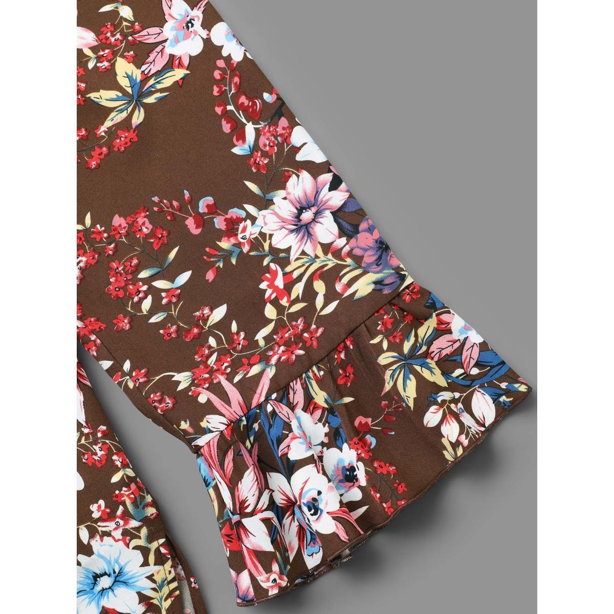 Plus Size Browncoffeecolor Floral Tie Knot Flutter Sleeve Blouse Women Elegant Long Sleeve V-neck Everyday Blouses BloomChic 26/4X Product Image