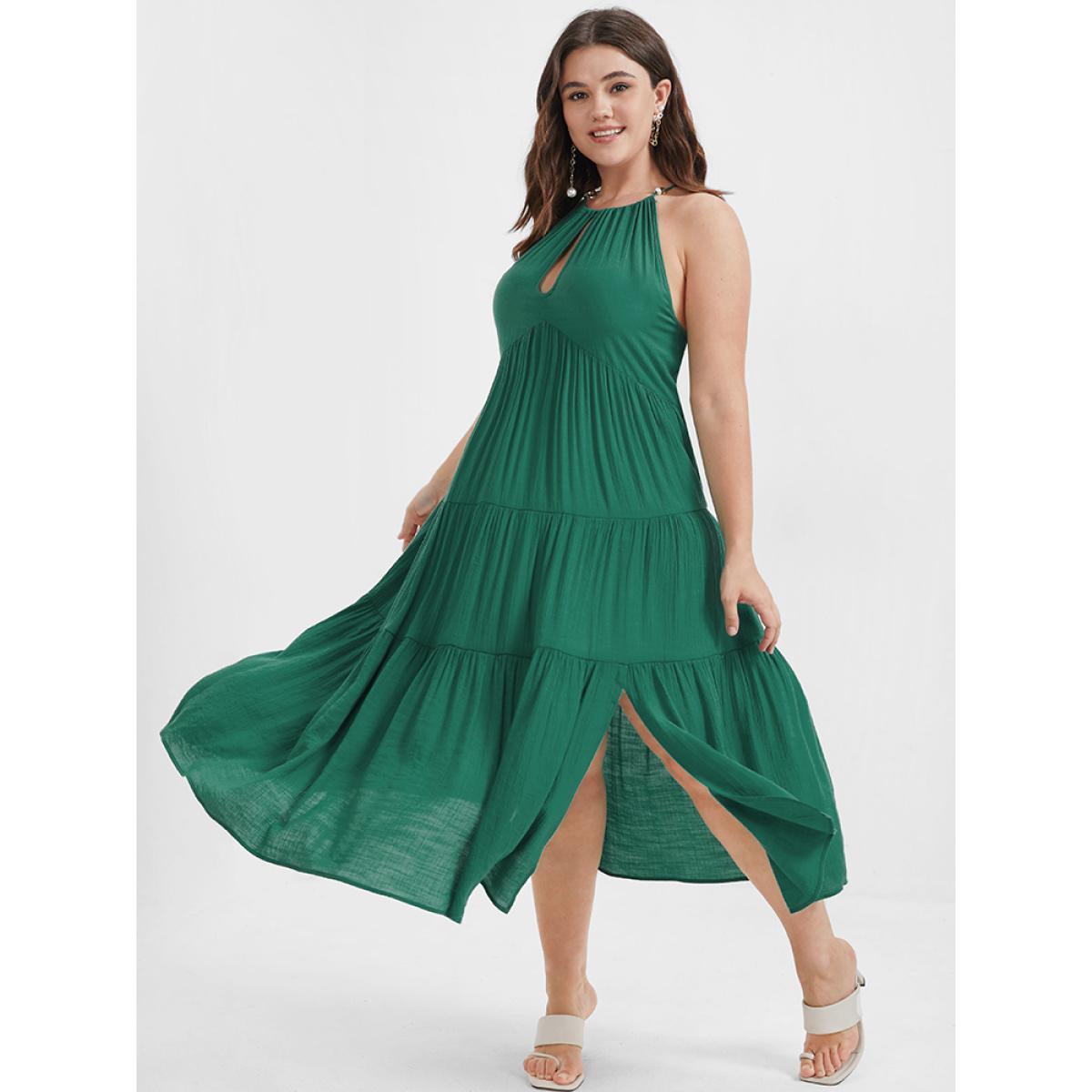 Plus Size Solid Flutter Split Keyhole Ties Halter Neck Midi Dress Green Women Elegant Halter neck Curvy Midi Dress BloomChic 10/M Product Image