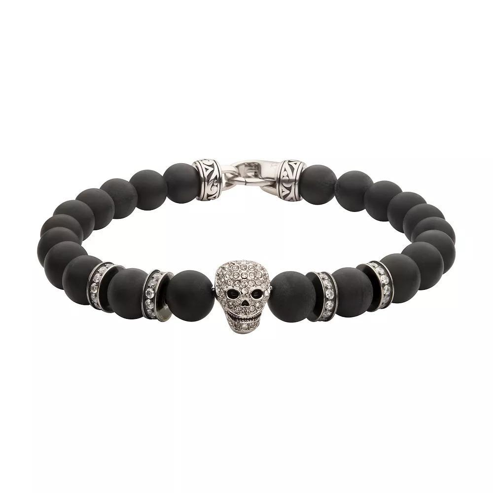 Men's Stainless Steel Cubic Zirconia & Onyx Beaded Skull Bracelet, Size: 8.5", Black Onyx Product Image