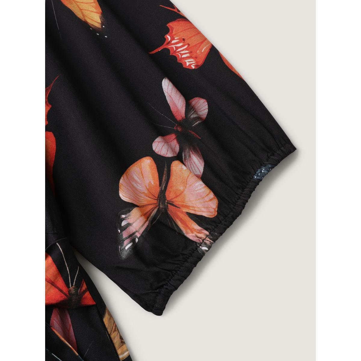 Plus Size Butterfly Print Side Tie Pockets Midi Dress Black Women Overlap Collar Elbow-length sleeve Curvy BloomChic 18-20/2X Product Image