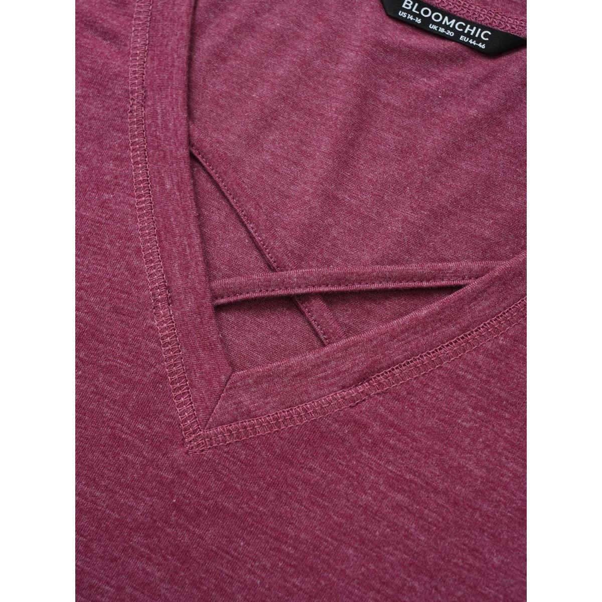 Plus Size Solid Crisscross Neck Contrast Stitch T-shirt RedViolet Women Casual Plain V-neck Everyday T-shirts BloomChic 12/L Product Image