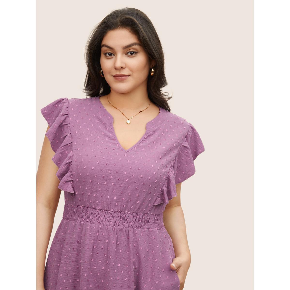 Plus Size Solid Textured Shirred Patchwork Ruffles Dress Lilac Women Elegant Non Notched collar Cap Sleeve Curvy Midi Dress BloomChic 10/M Product Image