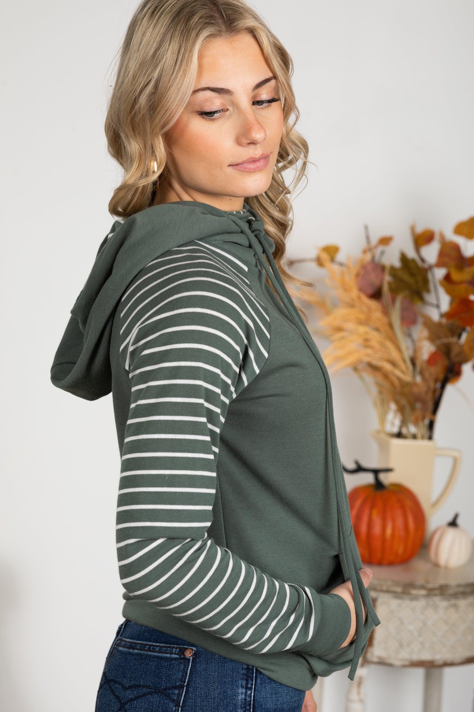 Dusty Olive Stripe Contrast Drawstring Hoodie Product Image