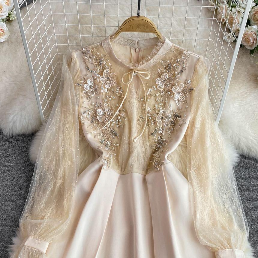 Puff-Sleeve Flower Embroidered Sequin A-Line Dress Product Image