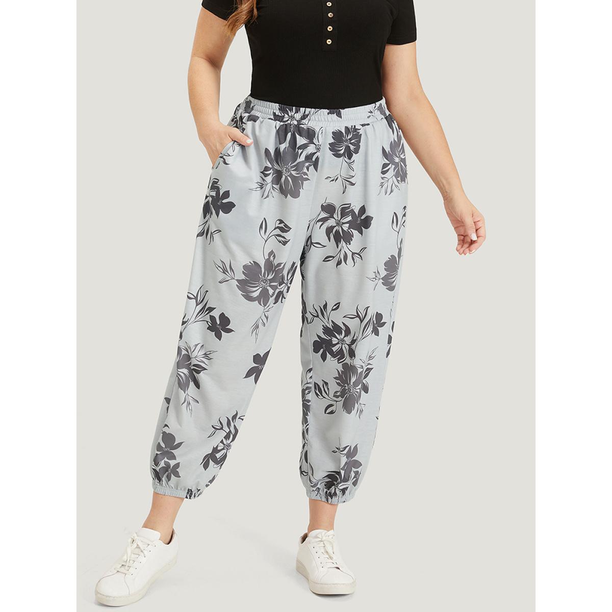 Silhouette Floral Print Pocket Elastic Waist Sweatpants DarkGray Plus Size Women Casual Everyday Elastic Waist 26/4X Bloomchic Product Image