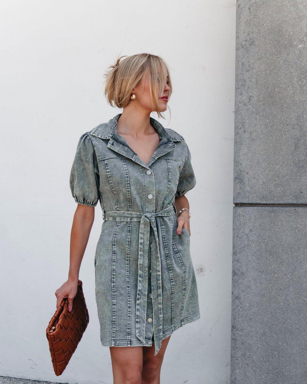 Olive Washed Button Down Mini Dress - FINAL SALE Product Image