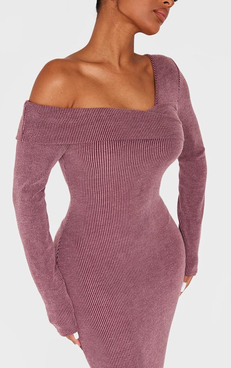 Shape Burgundy Brushed Rib Fold Over Off Shoulder Long Sleeve Maxi Dress Product Image