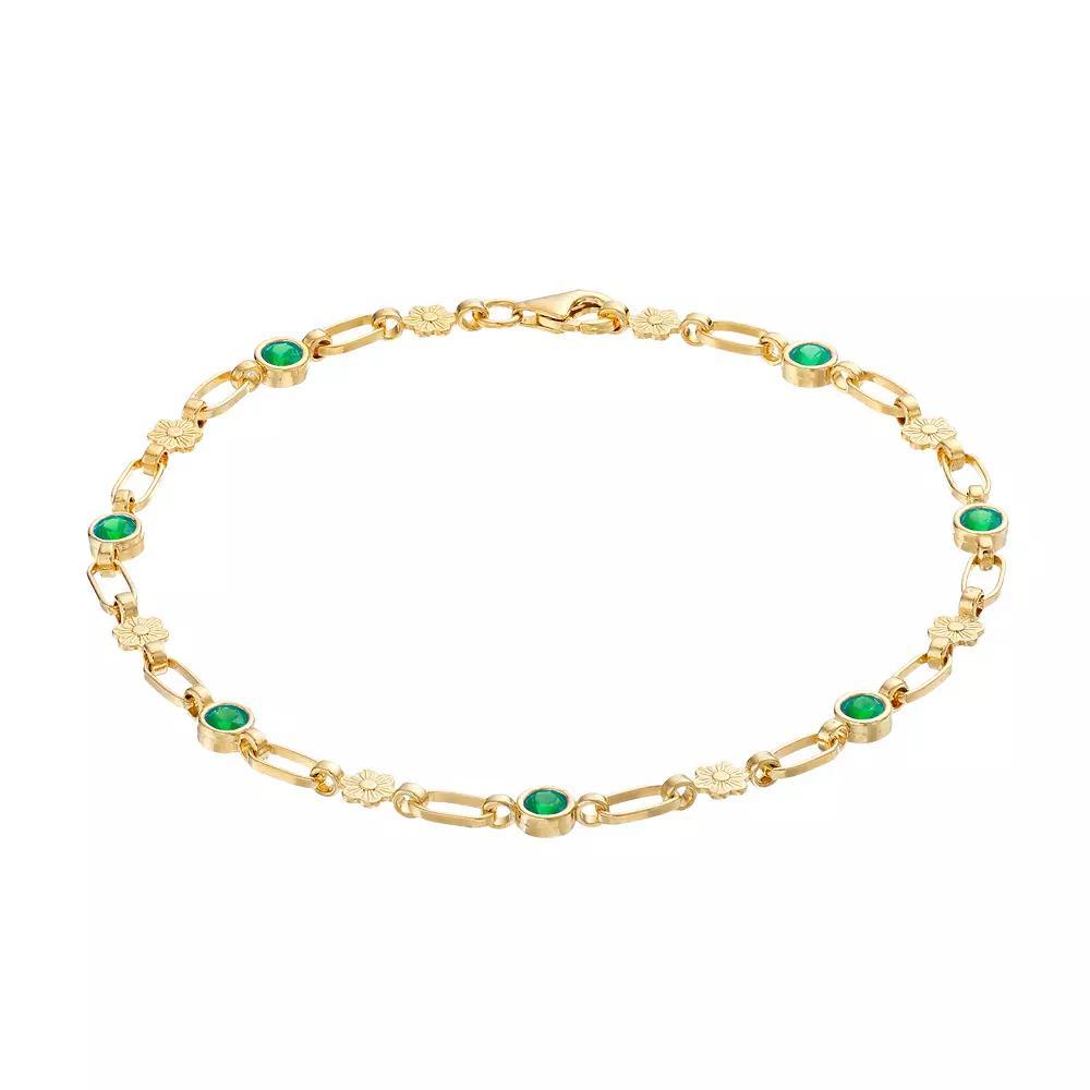 Kristen Kesho Sterling Silver Lab-Created Emerald Flower Link Bracelet, Women's, Size: 7.5", Gold Tone Product Image
