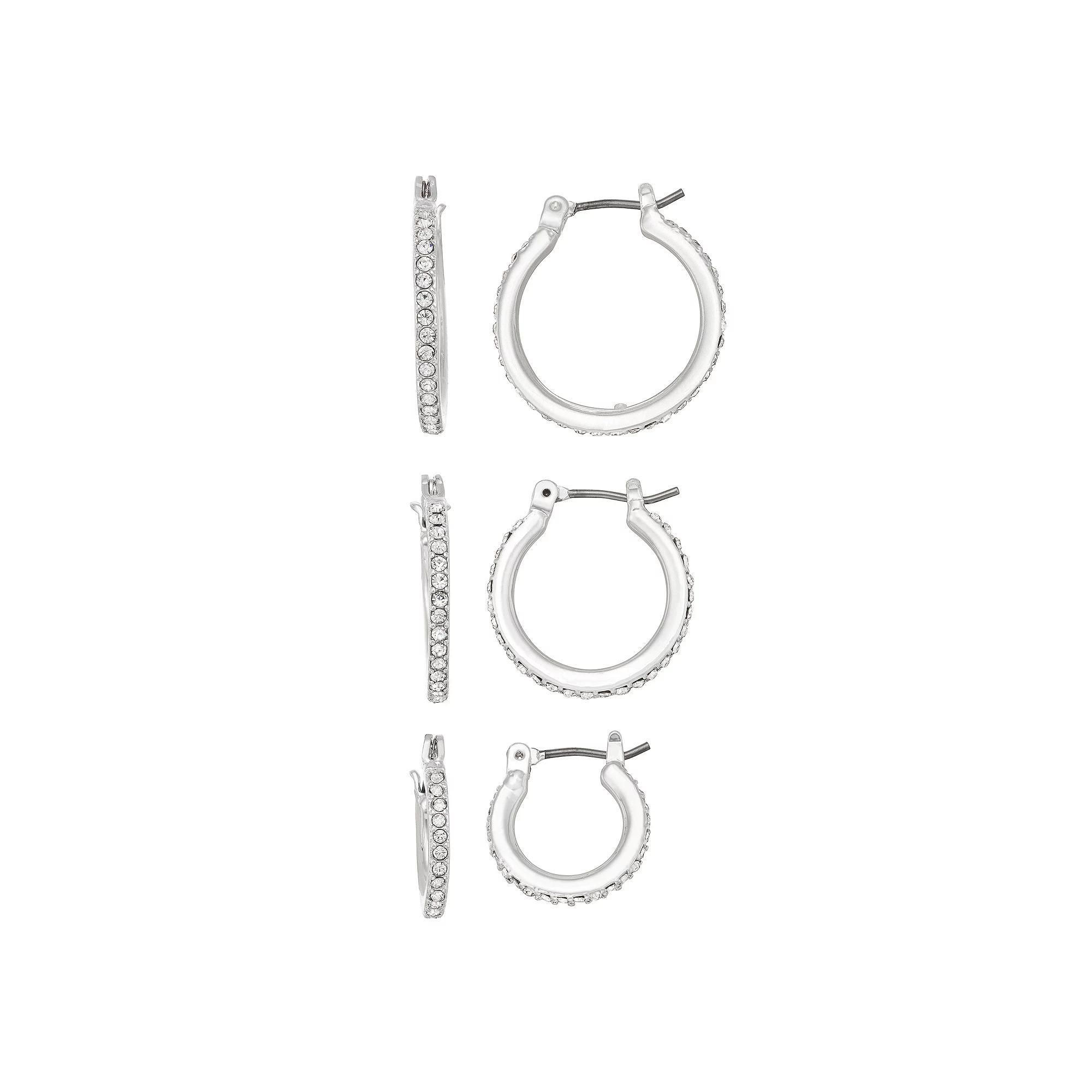 Nine West Silver Tone Crystal Hoop Earring Set, Women's Product Image