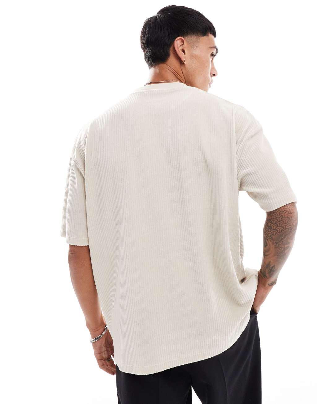 ASOS DESIGN oversized ribbed velour t-shirt in beige Product Image