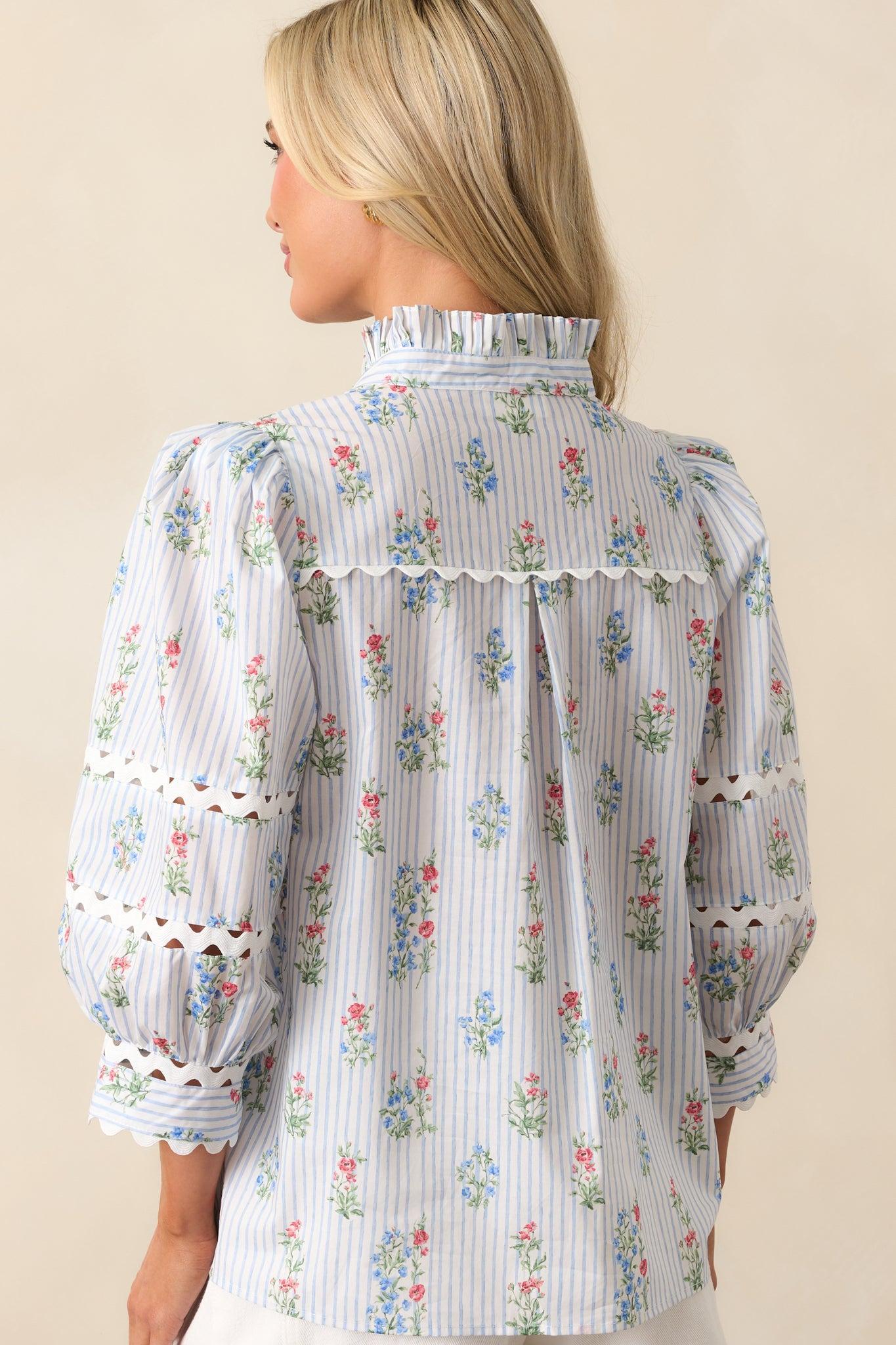 For Keeps Light Blue Stripe Floral Cotton Button Front Top Product Image