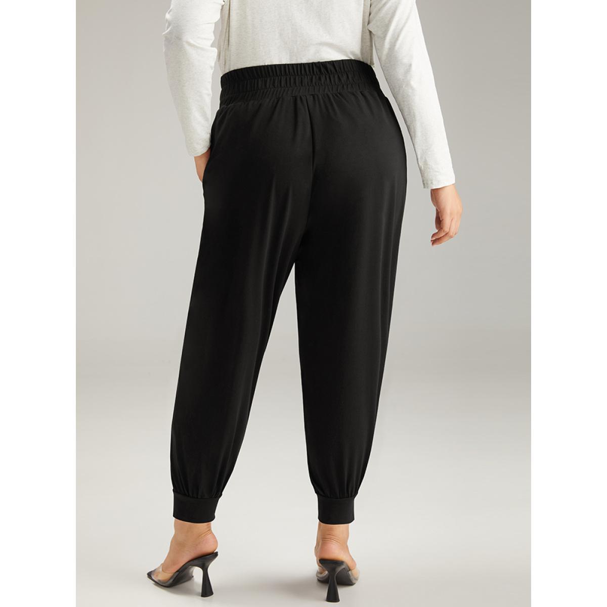 Solid Shirred Pocket Harem Sweatpants Black Plus Size Women Casual Dailywear Tummy control 28/5X Bloomchic Product Image