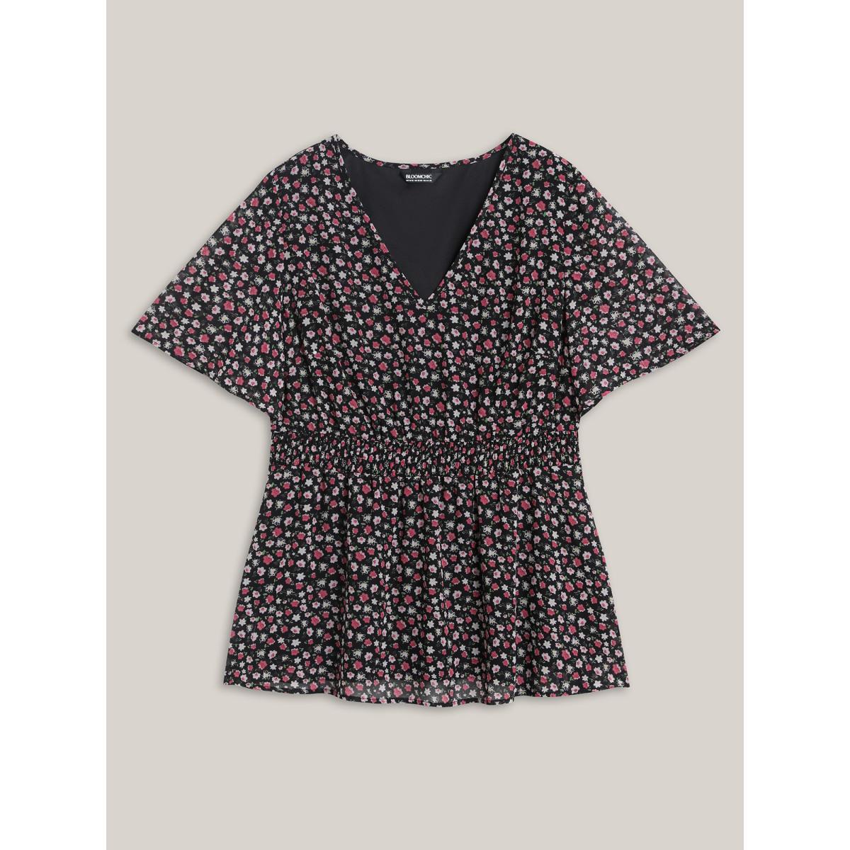 Plus Size Black Floral Print Shirred Waist Cinched Shirt Women Elegant Half Sleeve V-neck Everyday Blouses BloomChic 26/4X Product Image