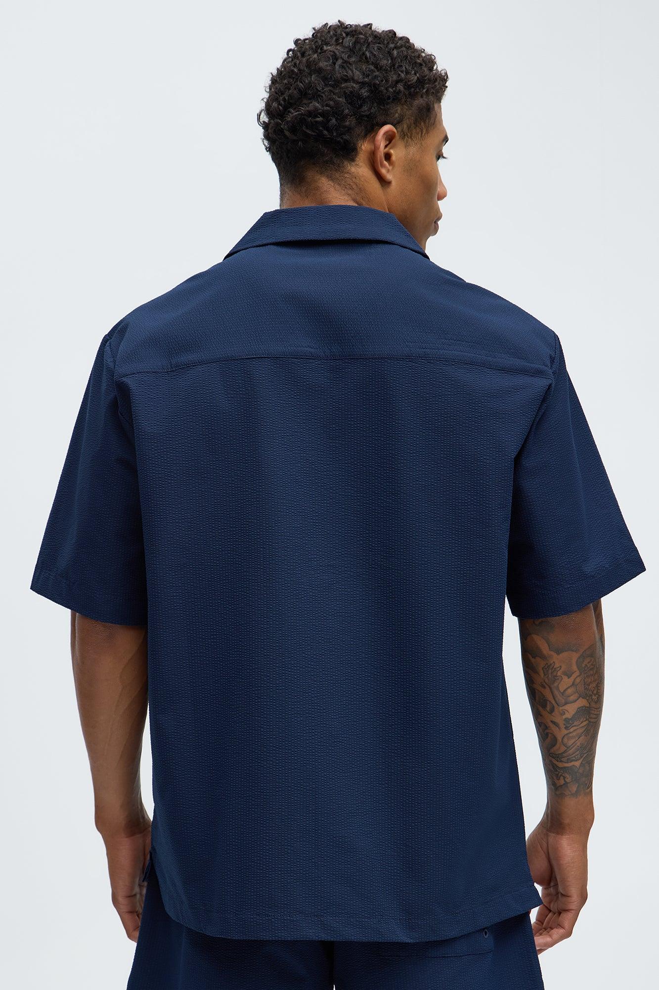 Seersucker Short Sleeve Cuban Collar Shirt - Navy Product Image
