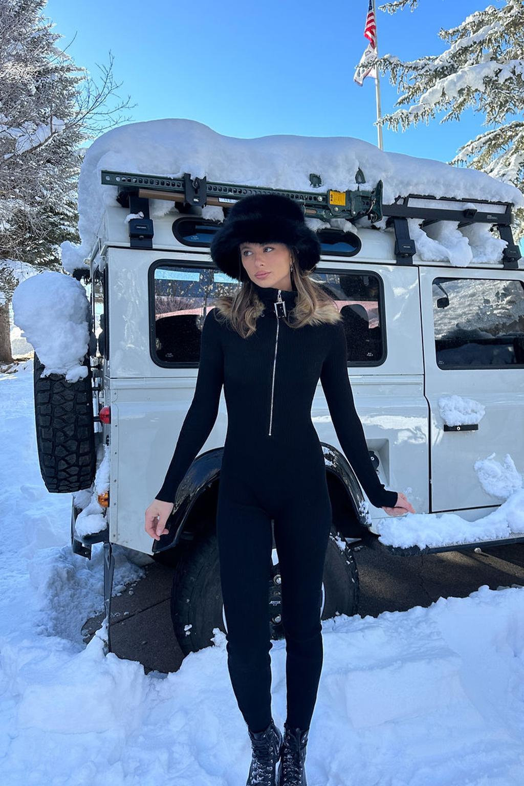 Apres Faux Fur Trimmed Black Ribbed Knit Jumpsuit Product Image