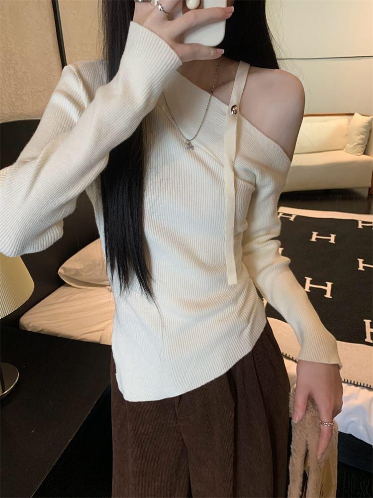 Long-Sleeve Asymmetrical Neck Cold-Shoulder Plain Ribbed Knit Top Product Image