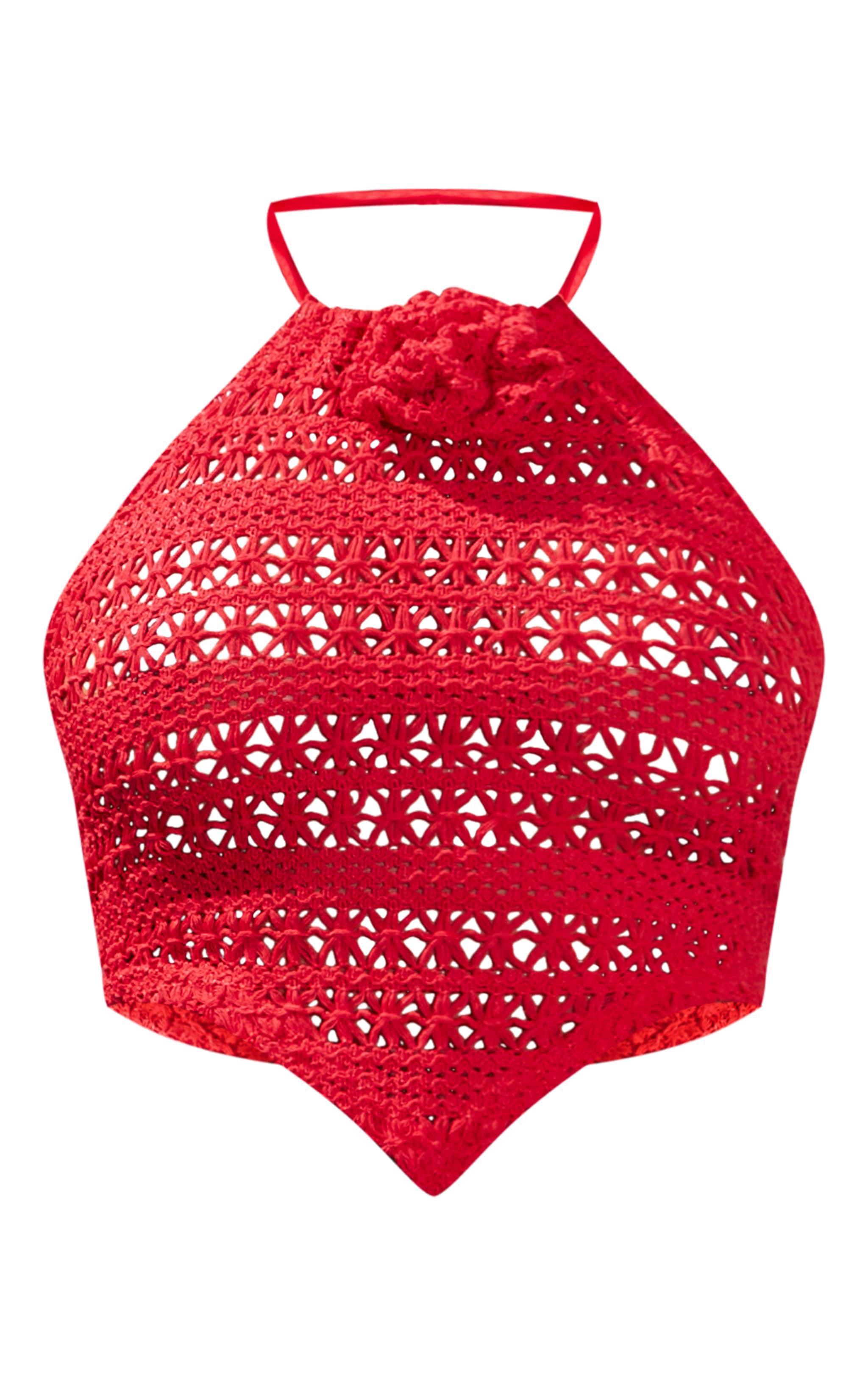 Red Crochet Flower Detail Halterneck Beach Top Product Image