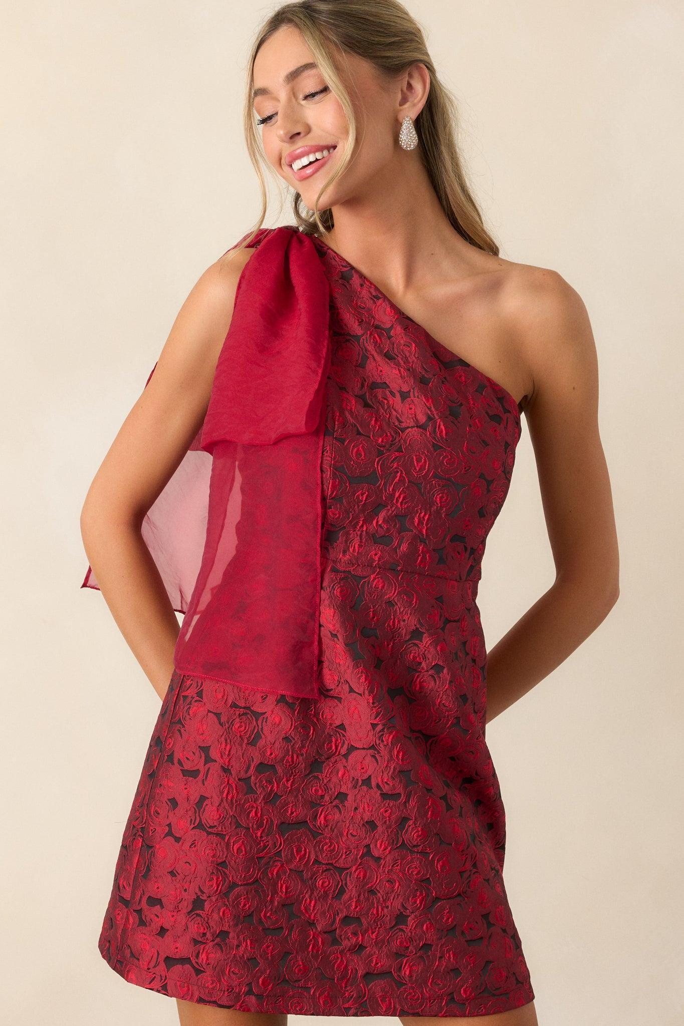 Taste Of Perfection Red Floral Jacquard One Shoulder Mini Dress Product Image
