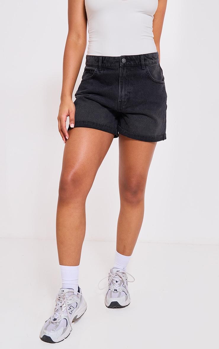 PRETTYLITTLETHING Washed Black Turn Up Mom Denim Shorts Product Image