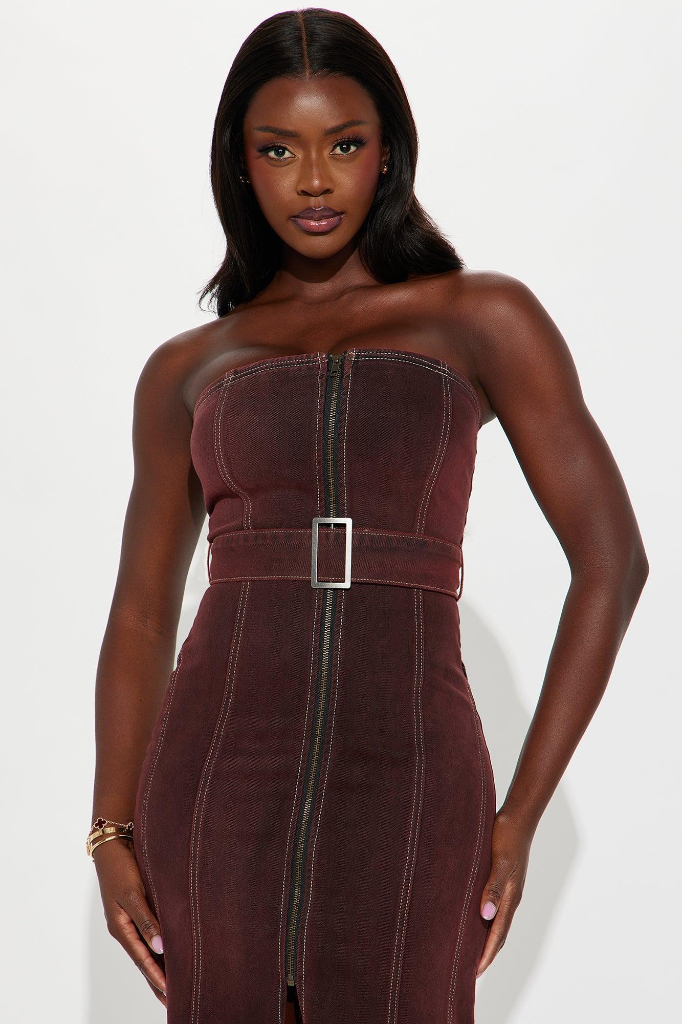 Mila Denim Maxi Dress - Burgundy Product Image