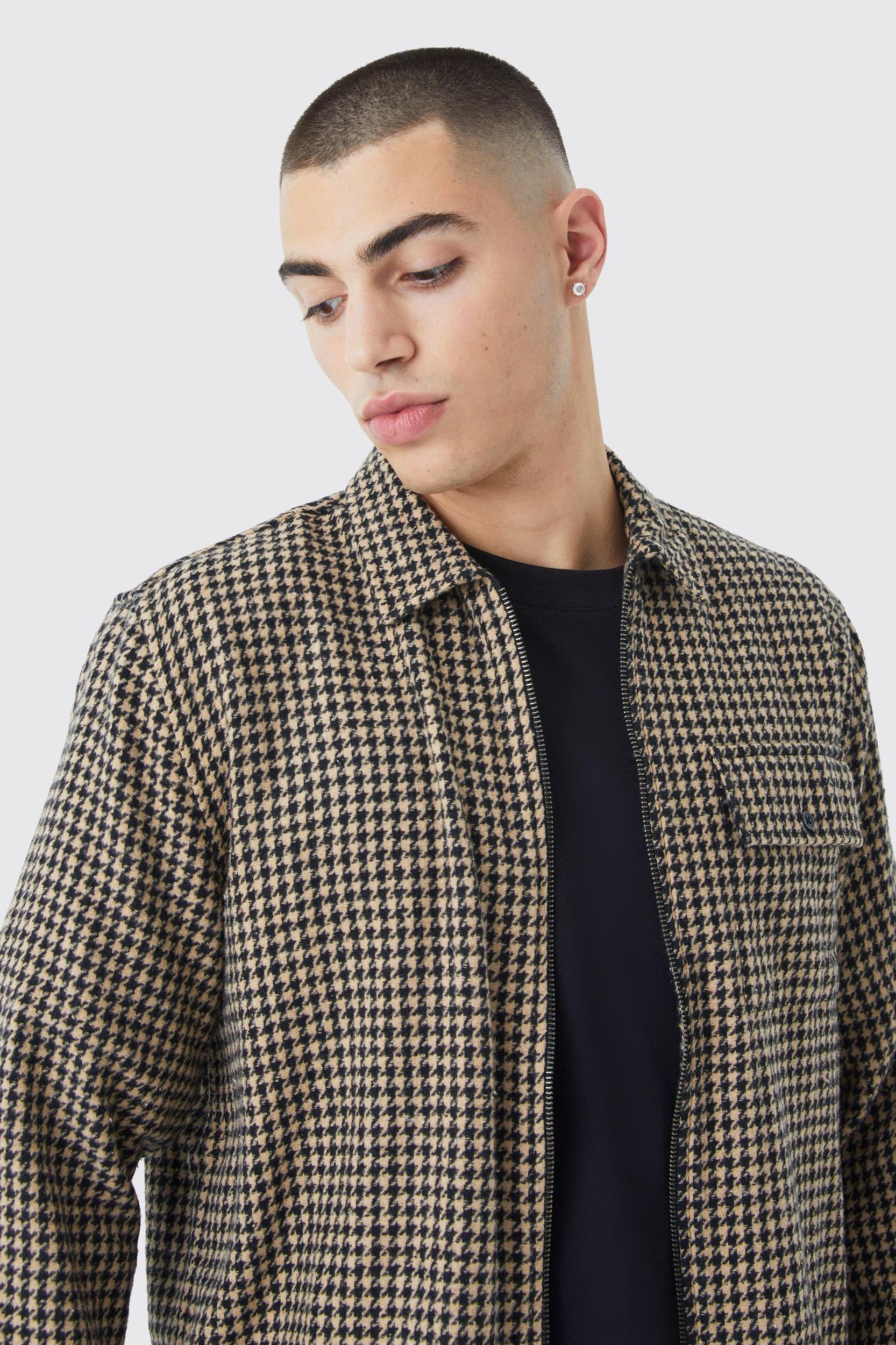 Dogtooth Jacquard Zip Through Shirt Jacket | boohooMAN USA Product Image
