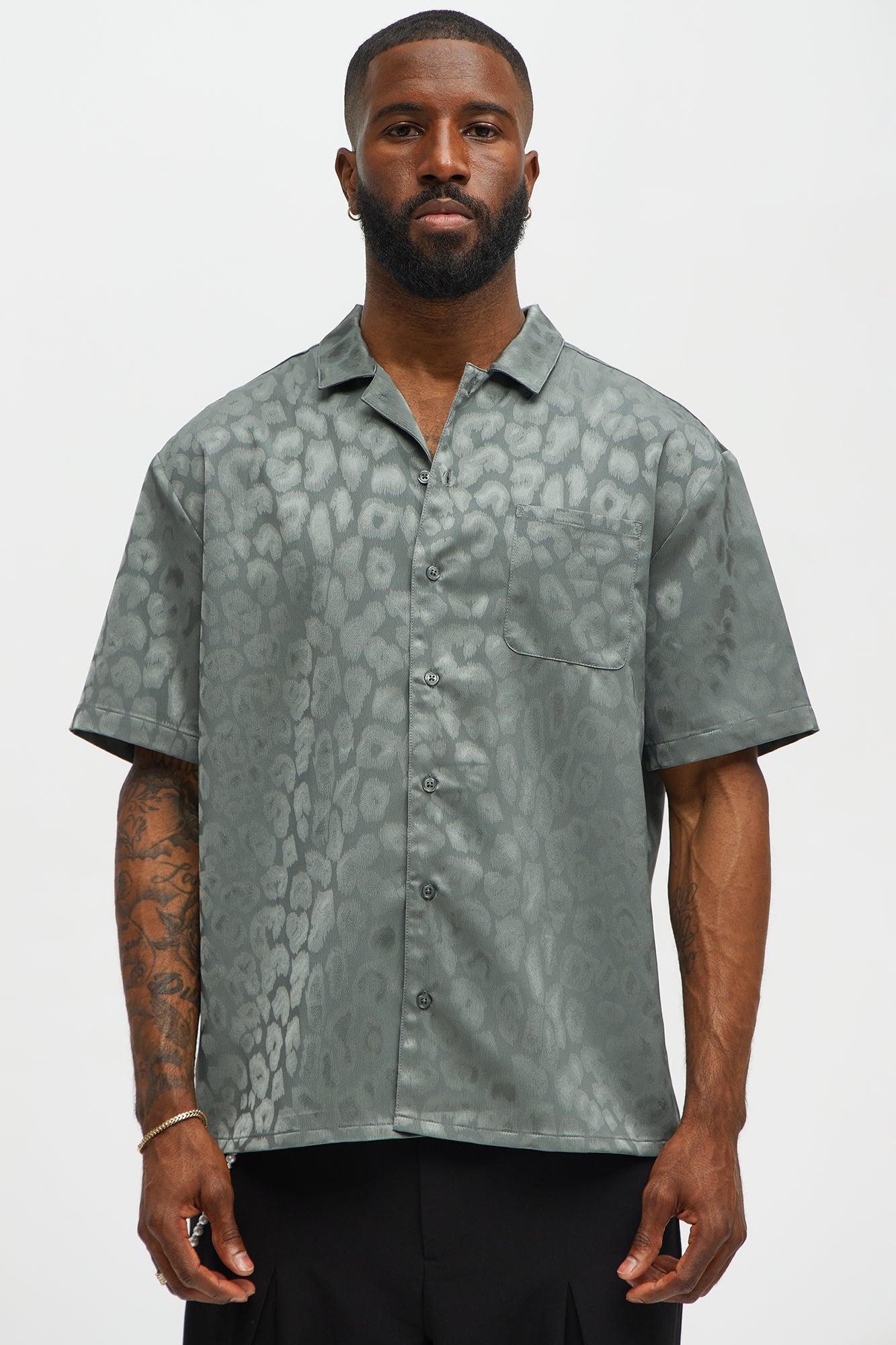 Satin Leopard Button Up Shirt - Grey Male Product Image