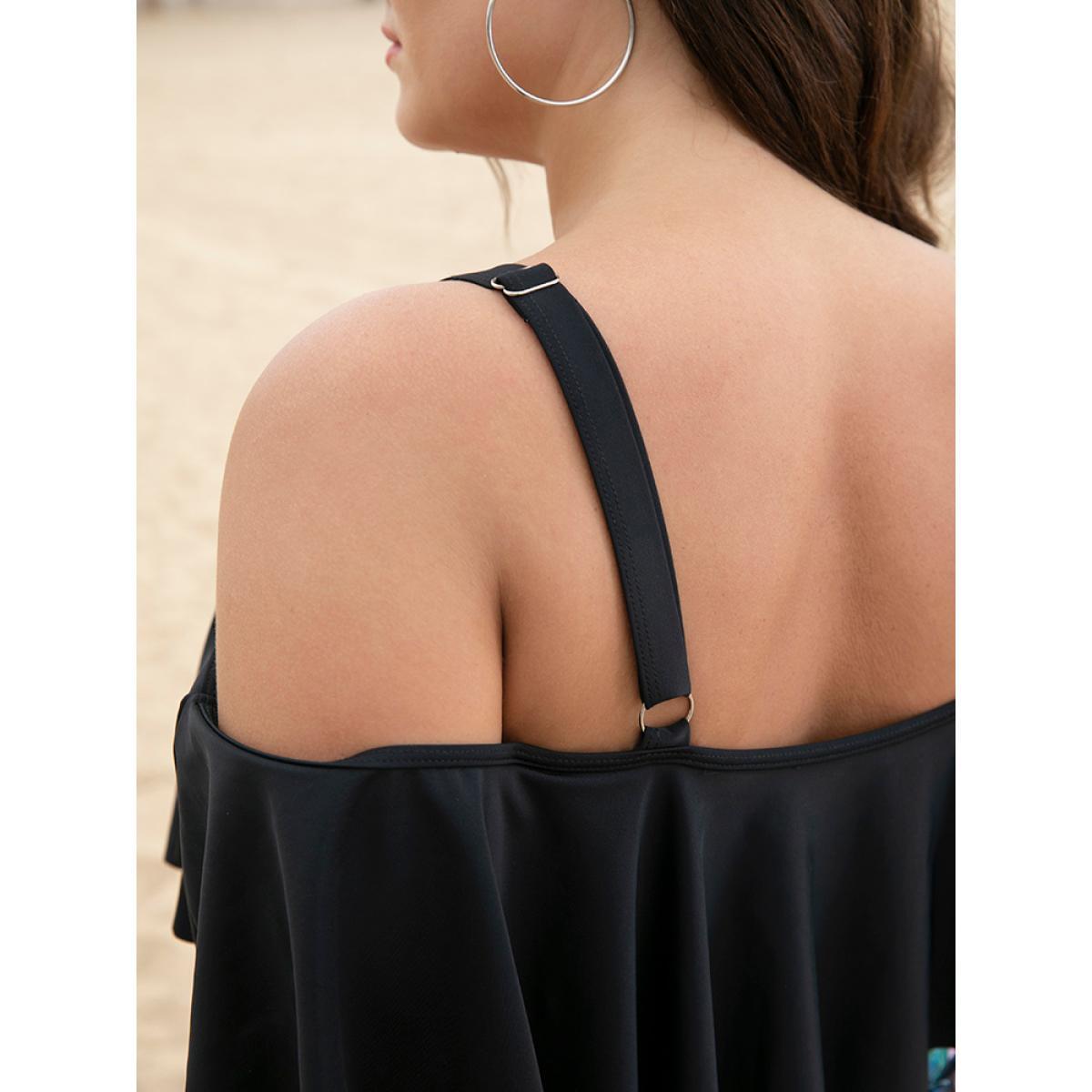 Plus Size Floral Patchwork Crisscross Cold Shoulder Asymmetrical One Piece Swimsuit Women's Swimwear BlackFlower Adjustable Straps Curve Bathing Suits High stretch One Pieces BloomChic 22-24/3X Product Image