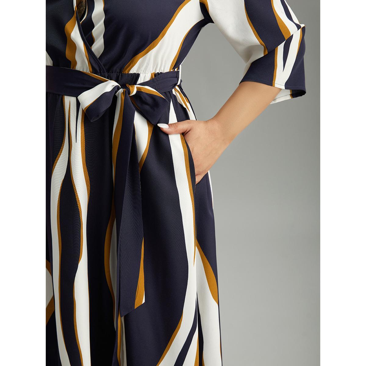 Plus Size Water Ripple Belted Overlap Collar Pocket Dress Indigo Women Office Wrap Overlap Collar Elbow-length sleeve Curvy Midi Dress BloomChic 14-16/1X Product Image