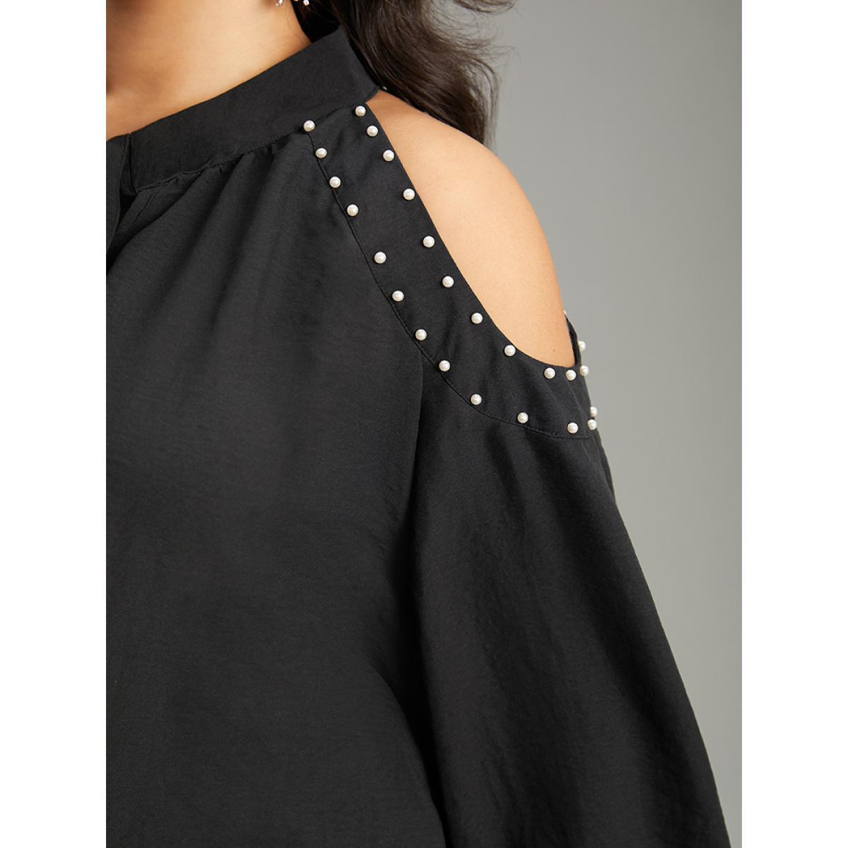 Plus Size Black Pearl Beaded Cold Shoulder Keyhole Bowknot Blouse Women Glamour Long Sleeve Cold Shoulder Going out Blouses BloomChic 22-24/3X Product Image
