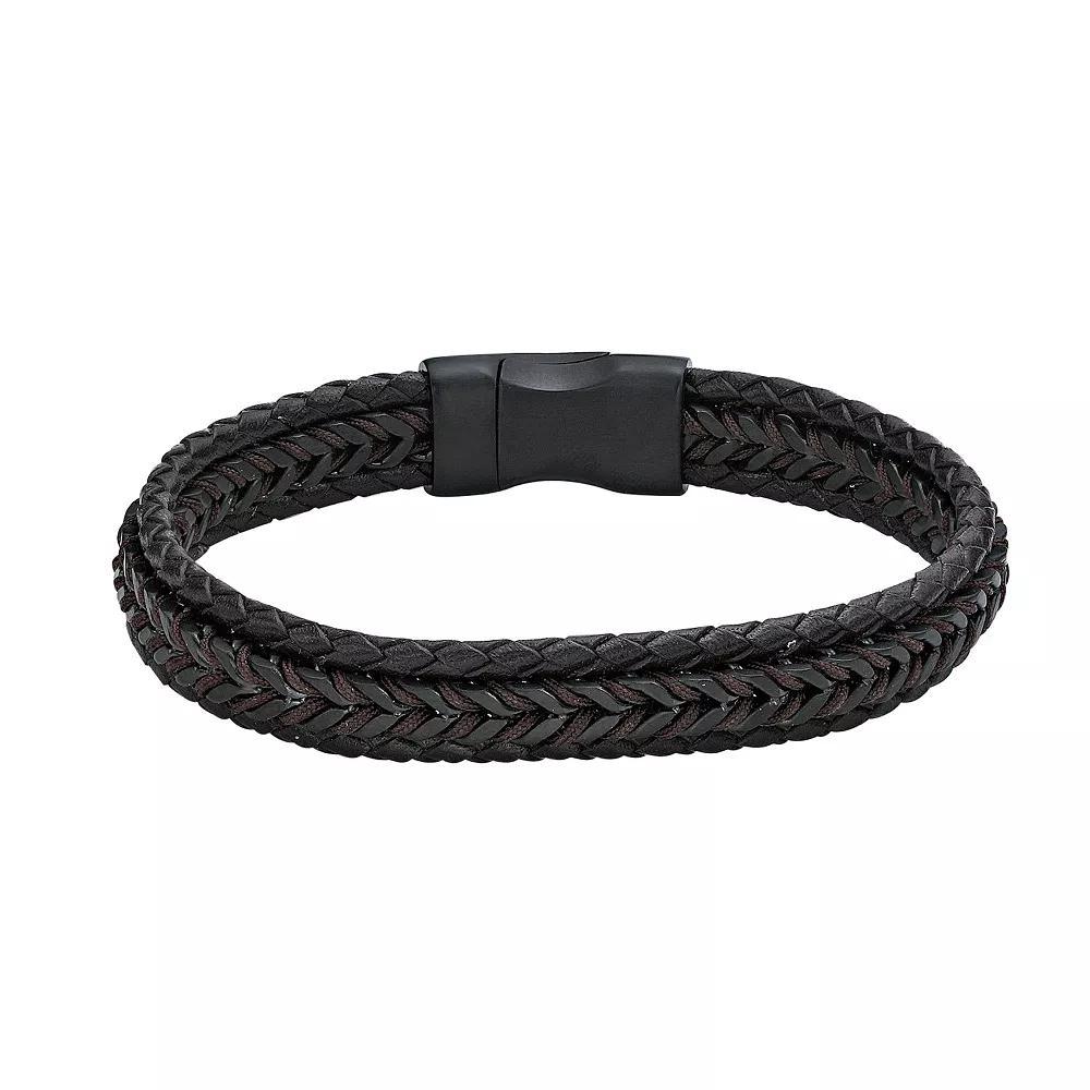 LYNX Men's Stainless Steel & Brown Leather Cord Bracelet, Size: 8.50, Black Product Image