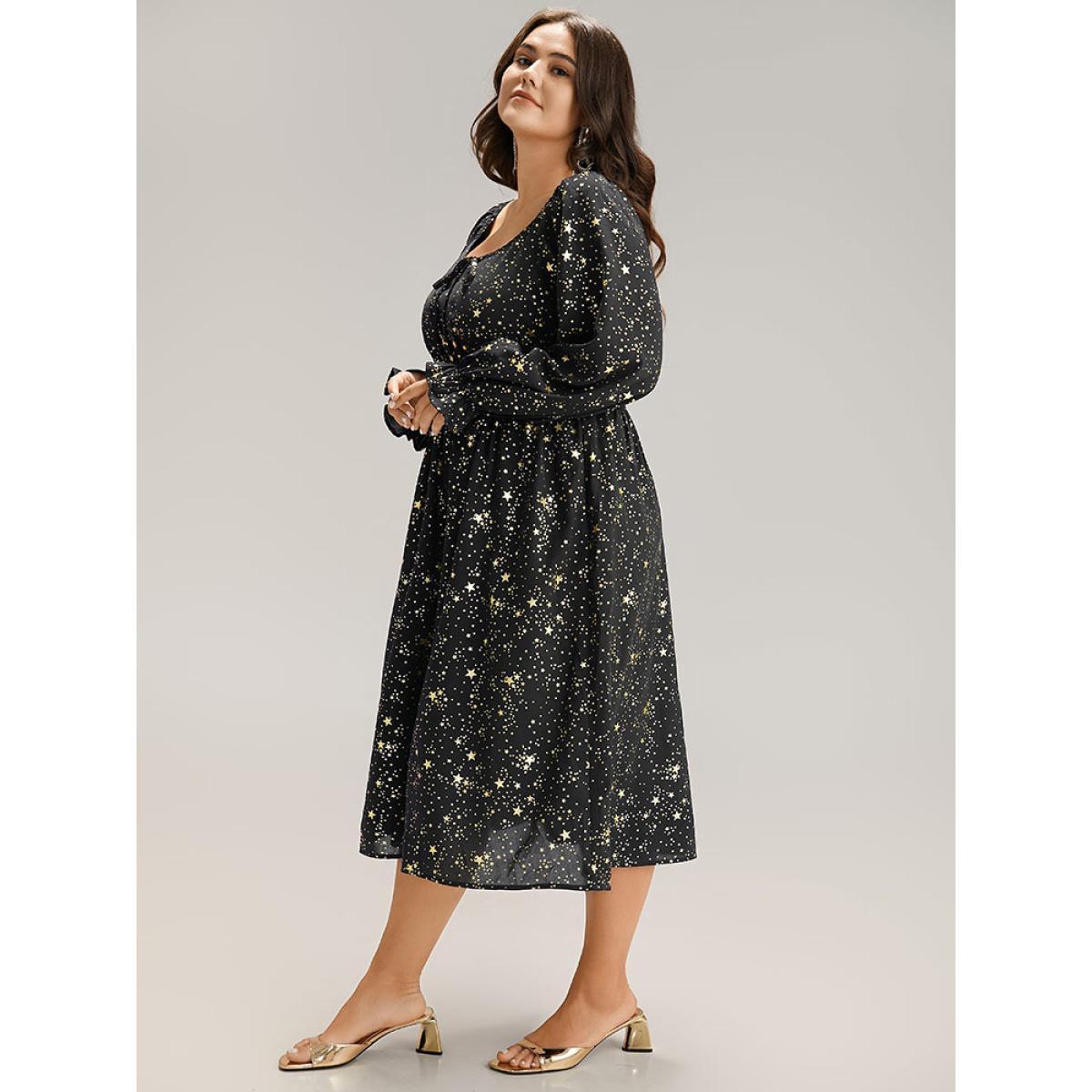 Plus Size Glitter Star Knot Neck Pocket Lantern Sleeve Dress Black Women Party Elastic cuffs Tie Neck Long Sleeve Curvy Midi Dress BloomChic 12/L Product Image