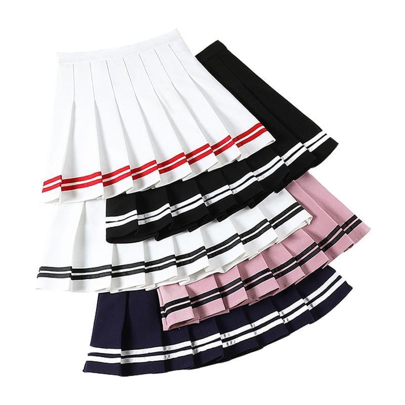 High Waist Striped Hem Mini Pleated Skirt Product Image
