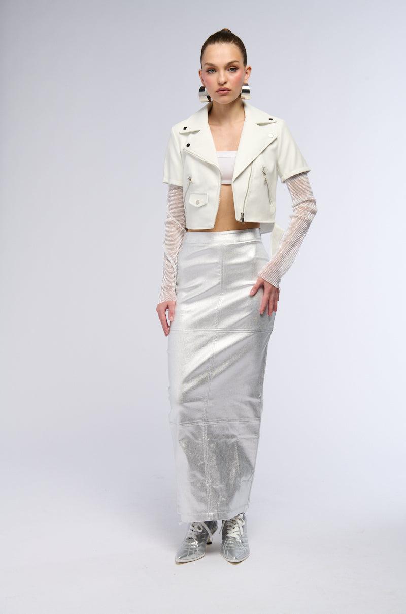 ACEROLA BLING RHINESTONE SLEEVE MOTO JACKET IN WHITE Product Image