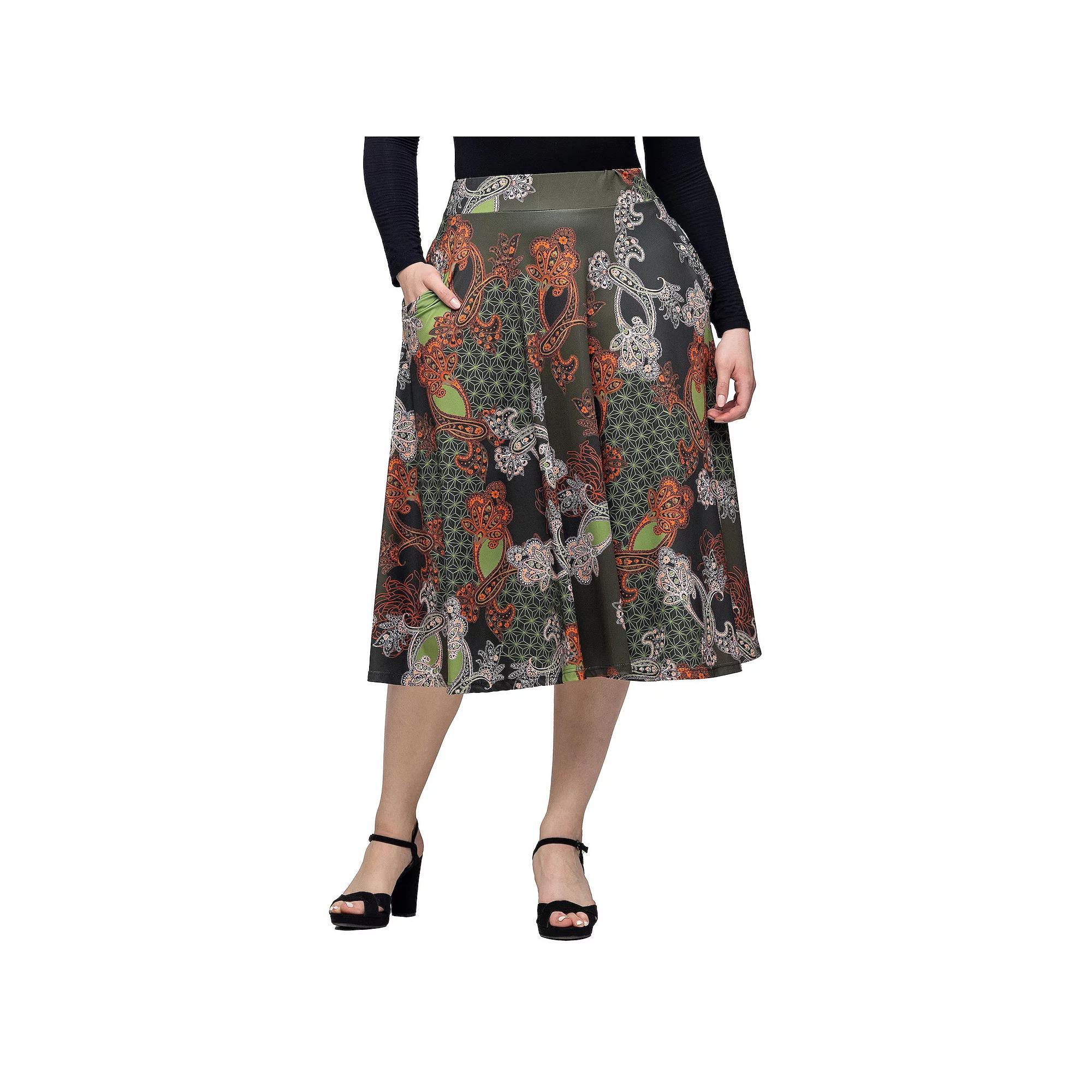 Womens 24Seven Comfort Apparel Print Elastic Waist Pocket Midi Skirt Product Image