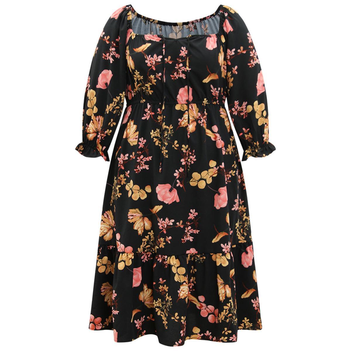 Plus Size Floral Print Bowknot Flutter Trim Tiered Dress Black Women Elegant Gathered Square Neck Elbow-length sleeve Curvy Midi Dress BloomChic 30/6X Product Image