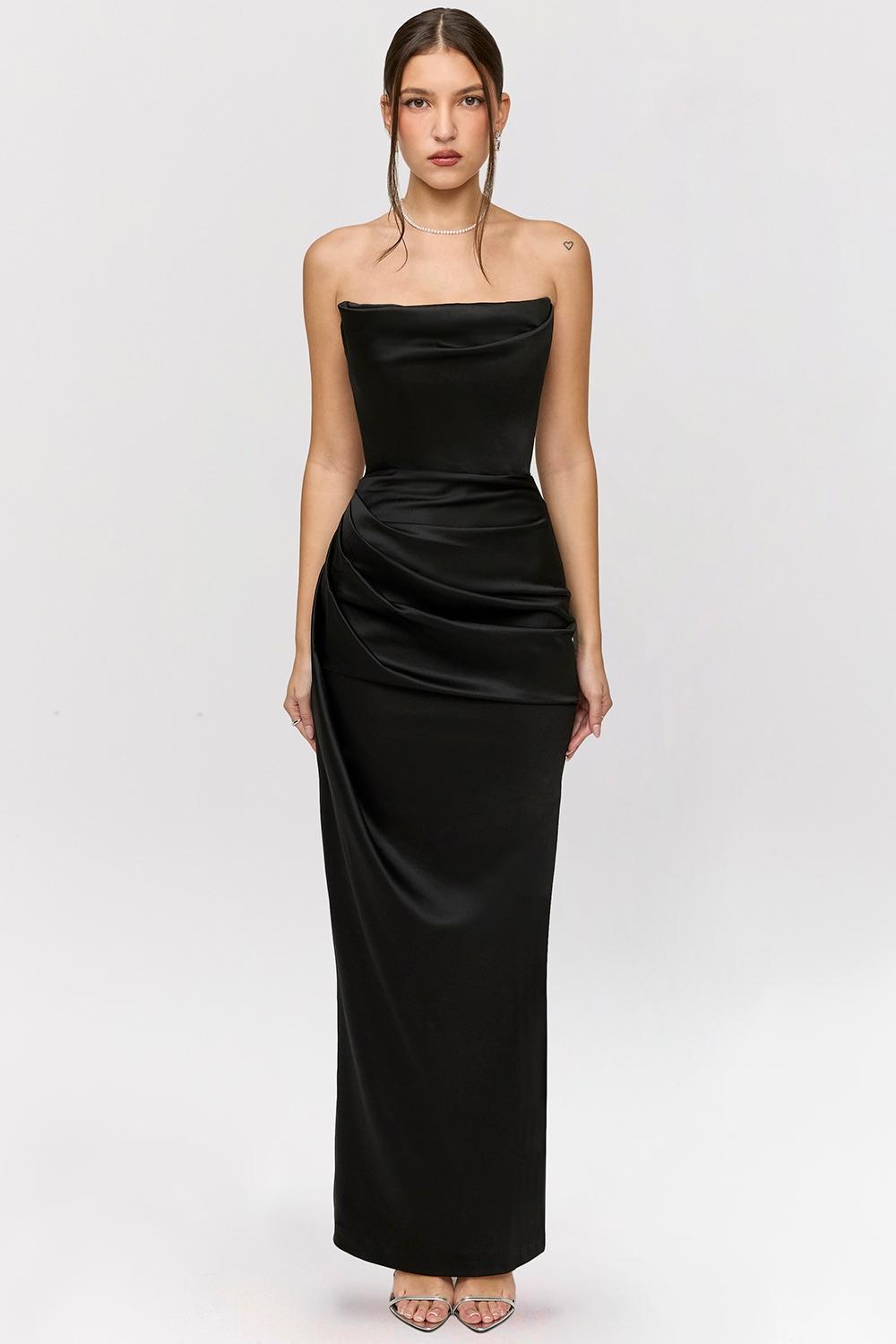 Adrienne Black Satin Strapless Corset Maxi Product Image