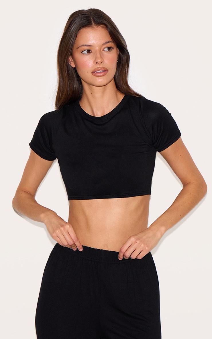 Black Cropped T-Shirt And Wide Leg  PJ Set Pants Product Image