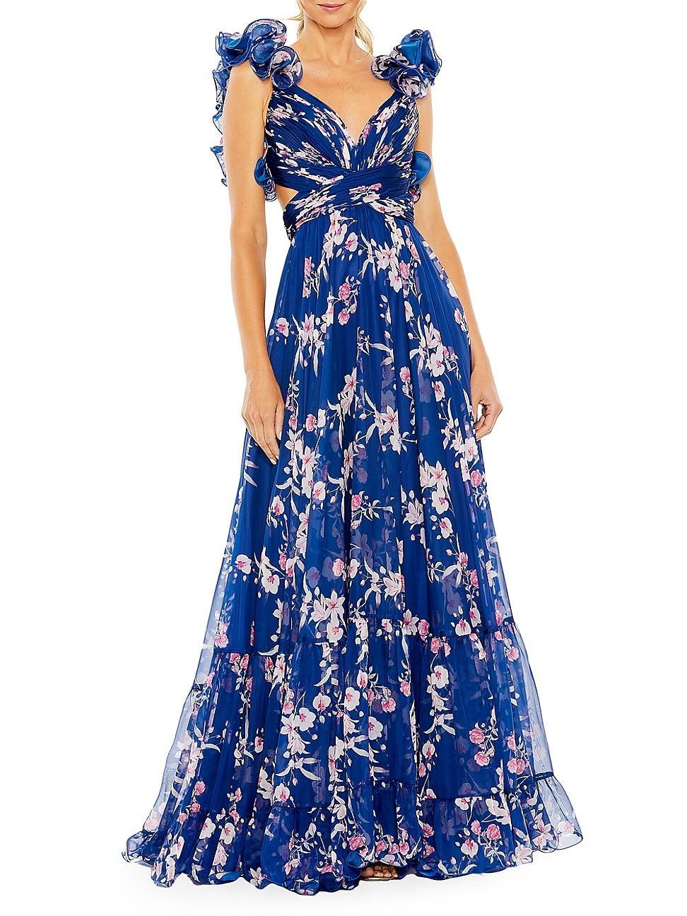 Mac Duggal Floral Chiffon V-Neck Sleeveless Cut-Out Strappy Back Detail Tiered Ruffled Hem Gown Product Image