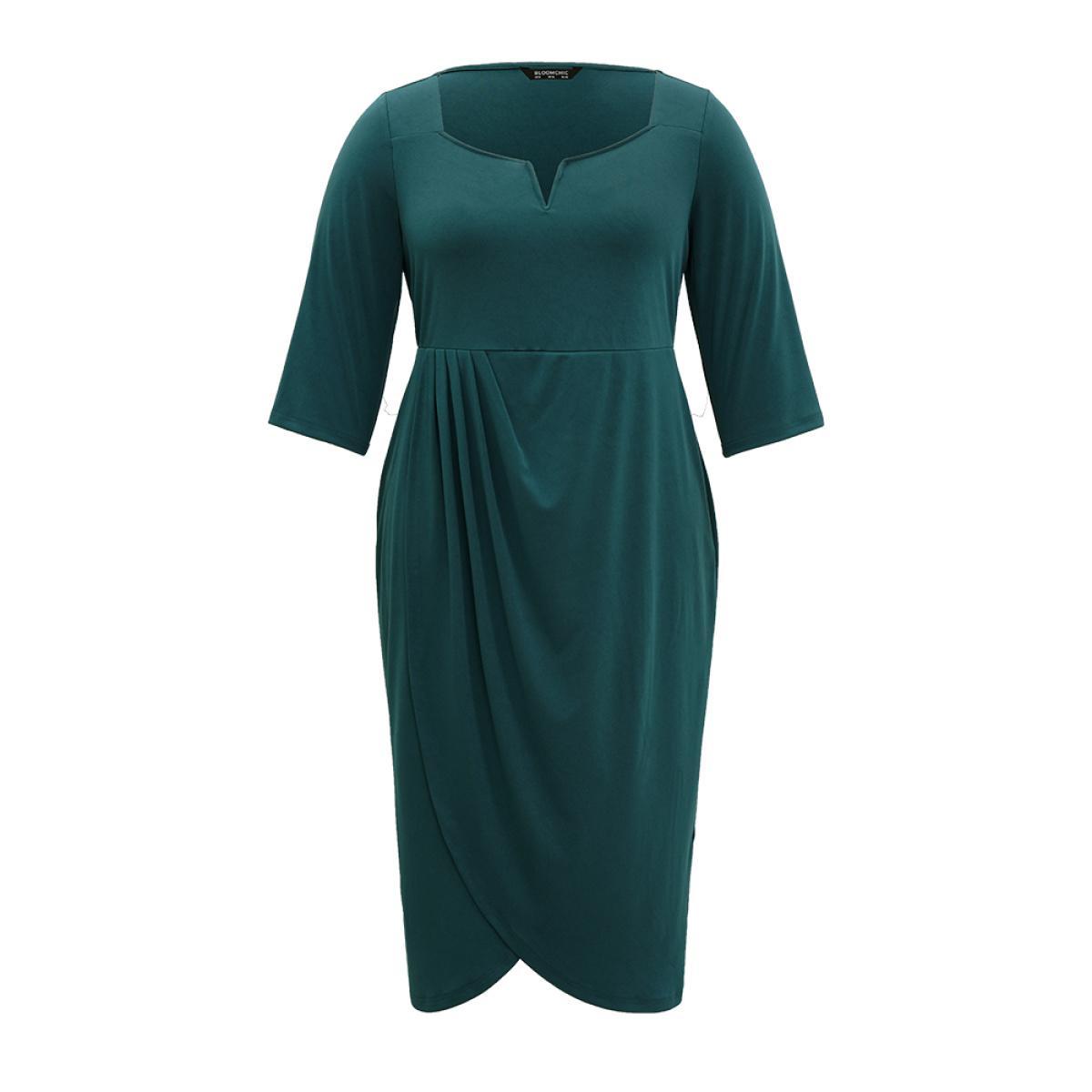 Plus Size Solid Notched Pleated Wrap Hem Dress Cyan Women Elegant Wrap Notched collar Elbow-length sleeve Curvy Midi Dress BloomChic 12/L Product Image